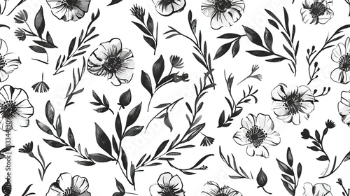 Hand-drawn florals flat design side view delicate theme water color black and white. Seamless Pattern, Fabric Pattern.
