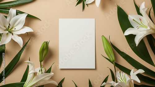 A top-down shot of a blank square card centered on a beige background, surrounded by delicate lily flowers arranged in a soft, flowing pattern, evoking the freshness and vibrancy of spring and summer.