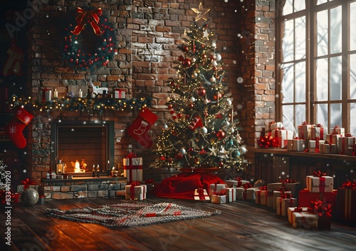 Christmas tree by the fireplace