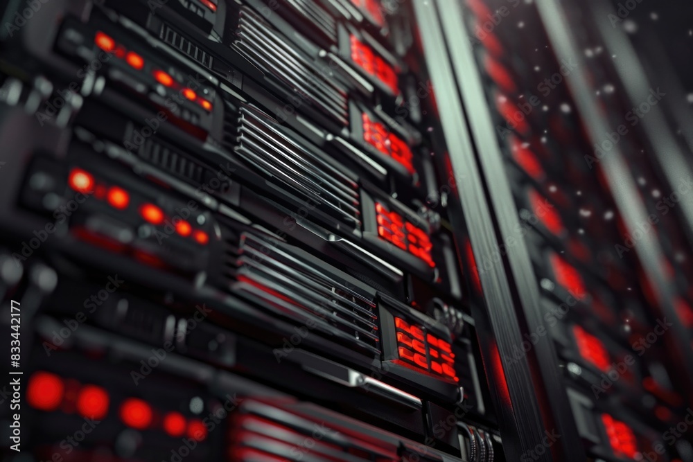 Row of rack-mounted servers in a data center, with rows of blinking lights and cables Row of rack-mounted servers in a data center, with rows of blinking lights and cables