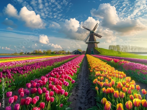 A field of flowers with a windmill in the background