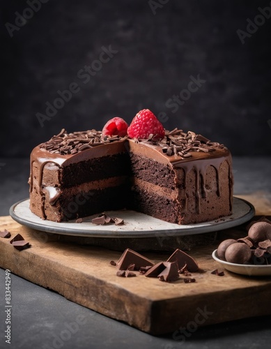 chocolate cake with strawberries and currants