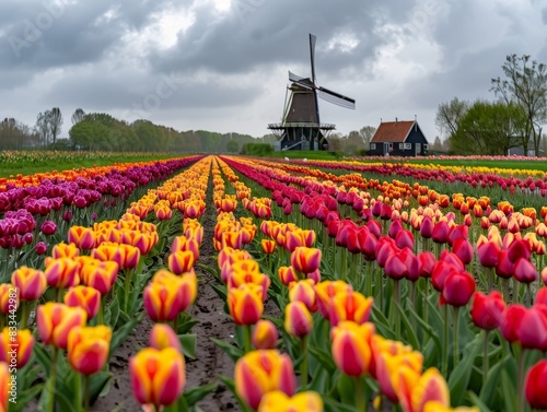 A field of flowers with a windmill in the background