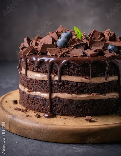 chocolate cake with strawberries and currants