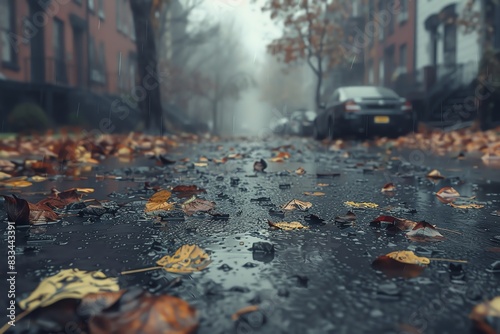 Wet asphalt street with fallen autumn leaves on a rainy day.