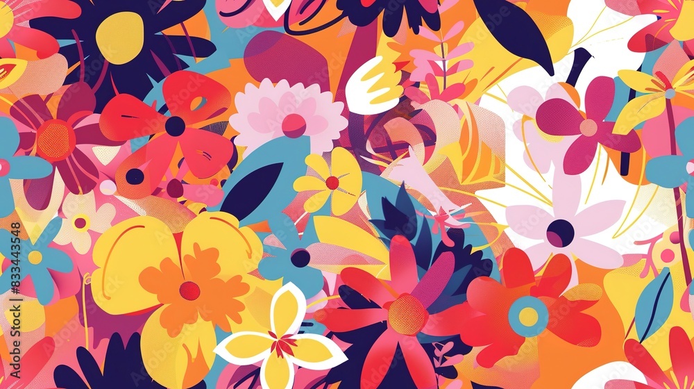 Mixed blooms flat design front view artistic theme animation vivid. Seamless Pattern, Fabric Pattern.