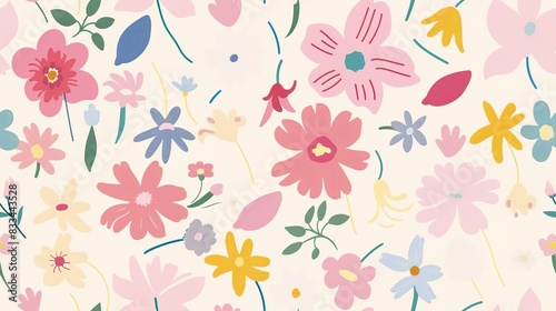 Flower wallpaper flat design top view collage theme cartoon drawing colored pastel. Seamless Pattern  Fabric Pattern.