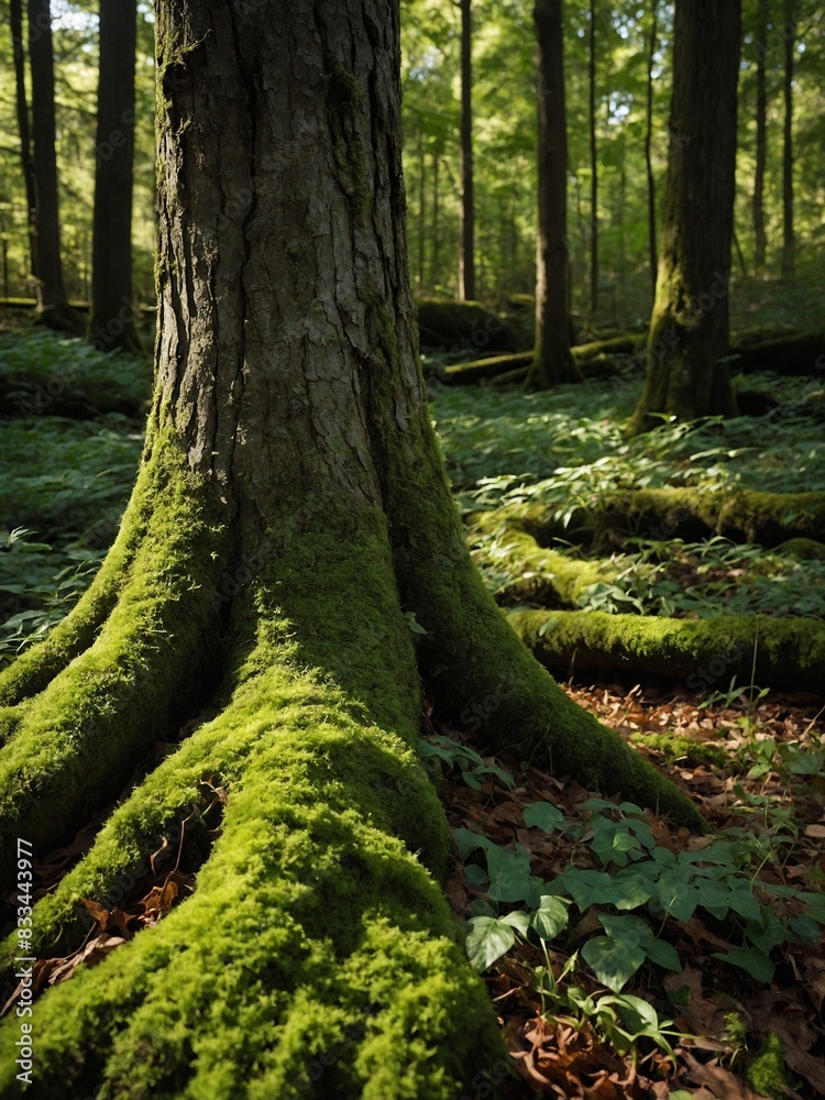 Tree trunk, covered in vibrant green moss, stands prominently in foreground of dense forest. Sunlight filters through canopy above, casting dappled shadows on forest floor. Moss extends down roots. Tree trunk, covered in vibrant green moss, stands prominently in foreground of dense forest. Sunlight filters through canopy above, casting dappled shadows on forest floor. Moss extends down roots.