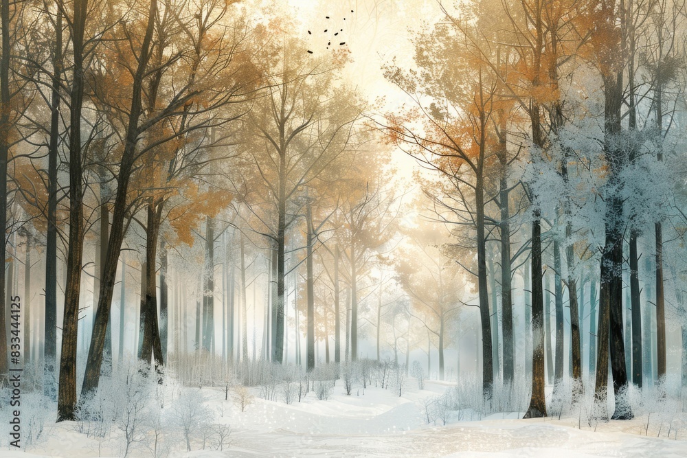 A serene winter scene featuring a snow-covered forest with birds flying above A serene winter scene featuring a snow-covered forest with birds flying above
