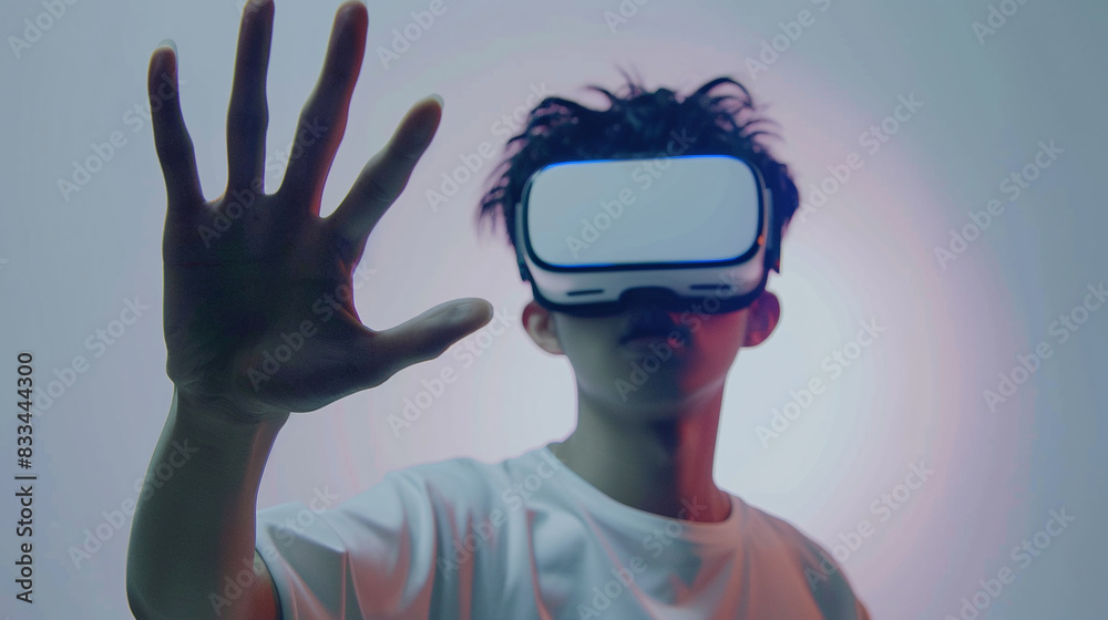 Young man with VR headset on his head during the game. White background. Front photo Young man with VR headset on his head during the game. White background. Front photo