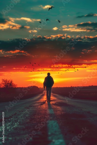 A person walking down a road during the golden hour, with the sun setting in the background