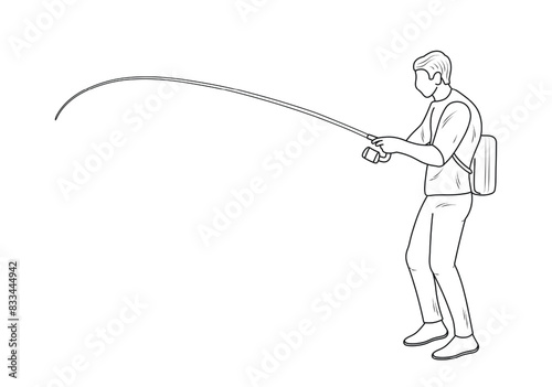 Fisherman, fishing, curved fishing rod, silhouette sketch