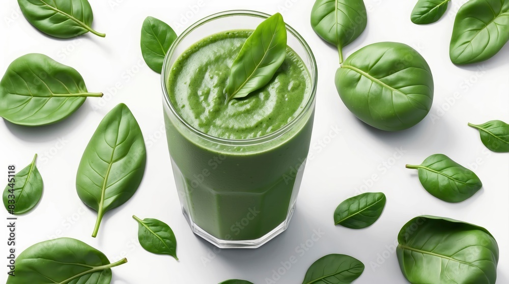 Obraz premium Nutrient-packed green spinach smoothie with fresh spinach leaves, presented on a white background.