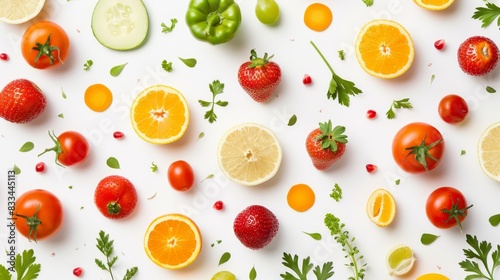 fresh fruits and vegetables on a white background, food background, copy space, place for text