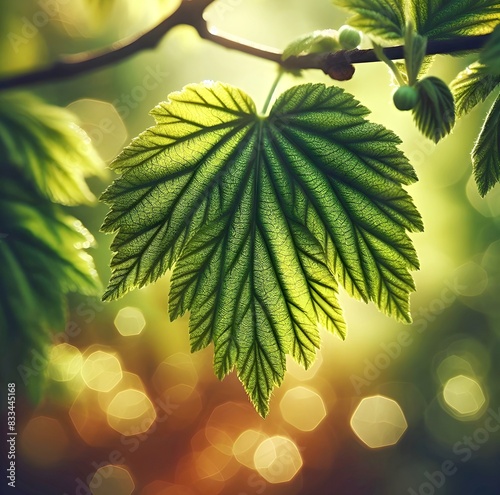 A close-up of a vibrant green leaf with intricate veins, illuminated by sunlight in a lush, blurred forest background