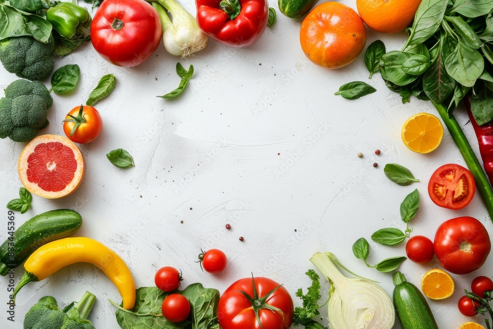 fresh fruits and vegetables on a white background, food background, copy space, place for text fresh fruits and vegetables on a white background, food background, copy space, place for text