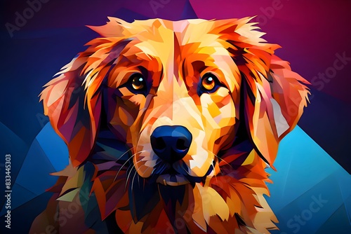 Abstract vibrant, geometric, triangular and colorful illustration of a brown purebred dog face looking at camera. Front view of dog head and face. Abstract colorful geometric, triangular dog portrait