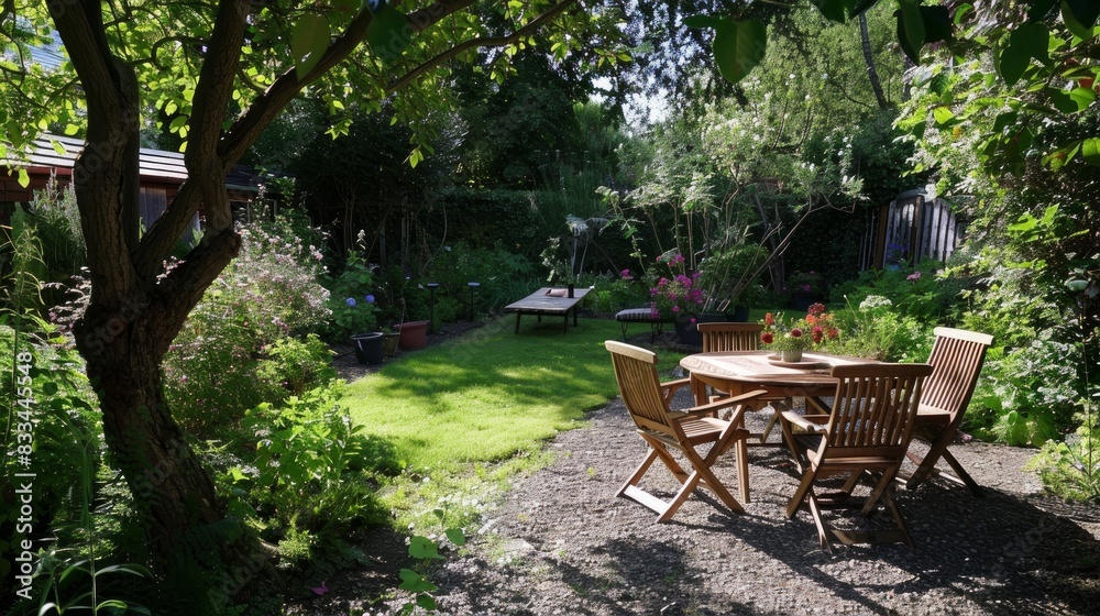 Enjoy a serene summer day in a beautifully maintained garden featuring a cozy patio, wooden furniture Enjoy a serene summer day in a beautifully maintained garden featuring a cozy patio, wooden furniture