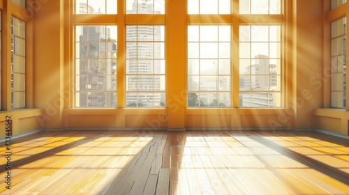Bright Sunlight Filters Through Large Windows in an Empty Room with Yellow Walls, Casting Strong Shadows on the Floor, with a View of City Buildings Outside 