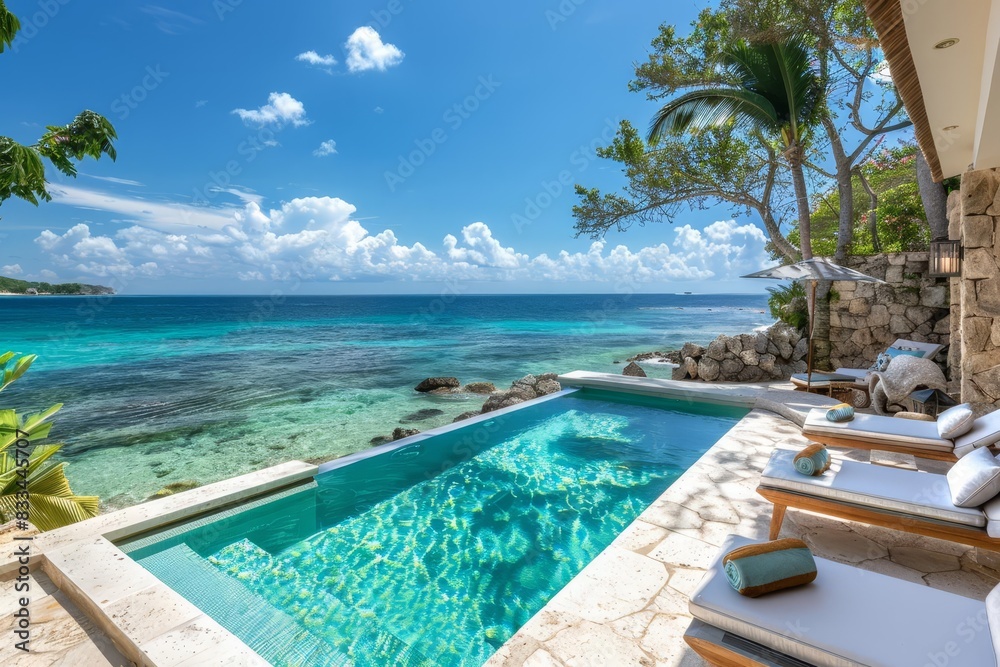 Fototapeta premium Hotel suite with a private pool, sun loungers, and ocean views