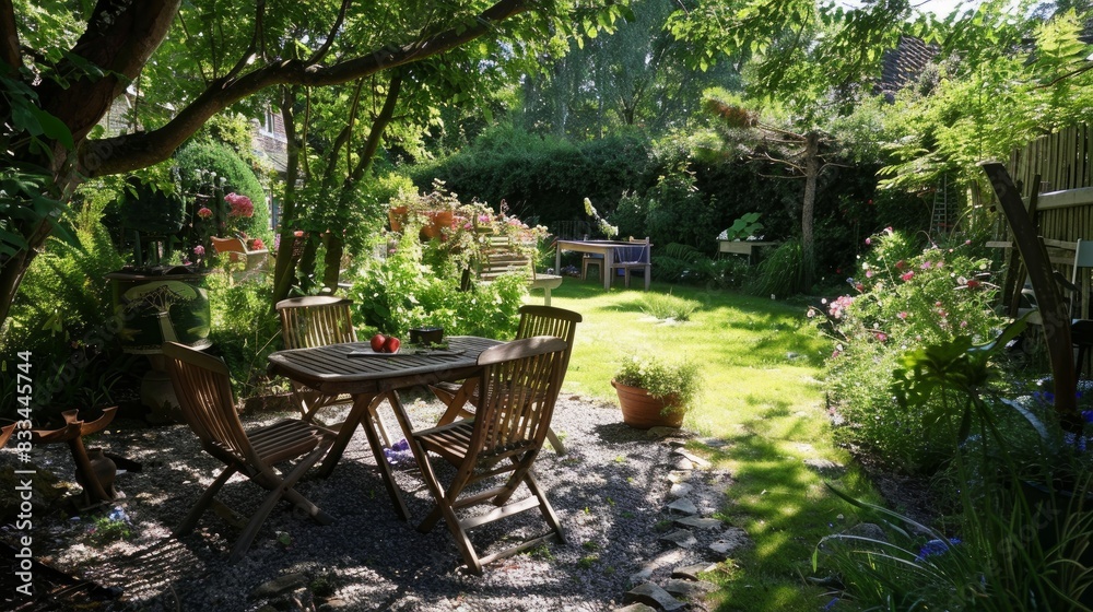 Enjoy a serene summer day in a beautifully maintained garden featuring a cozy patio, wooden furniture