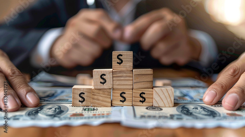 Businessman stacks wooden cubes with dollar sign. Business development and profit growth concept