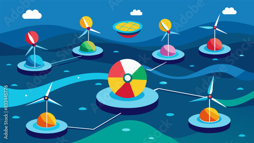 The rhythmic bobbing of multicolored floaters connected to a network of generators generating clean and renewable energy from the relentless tide.. Vector illustration