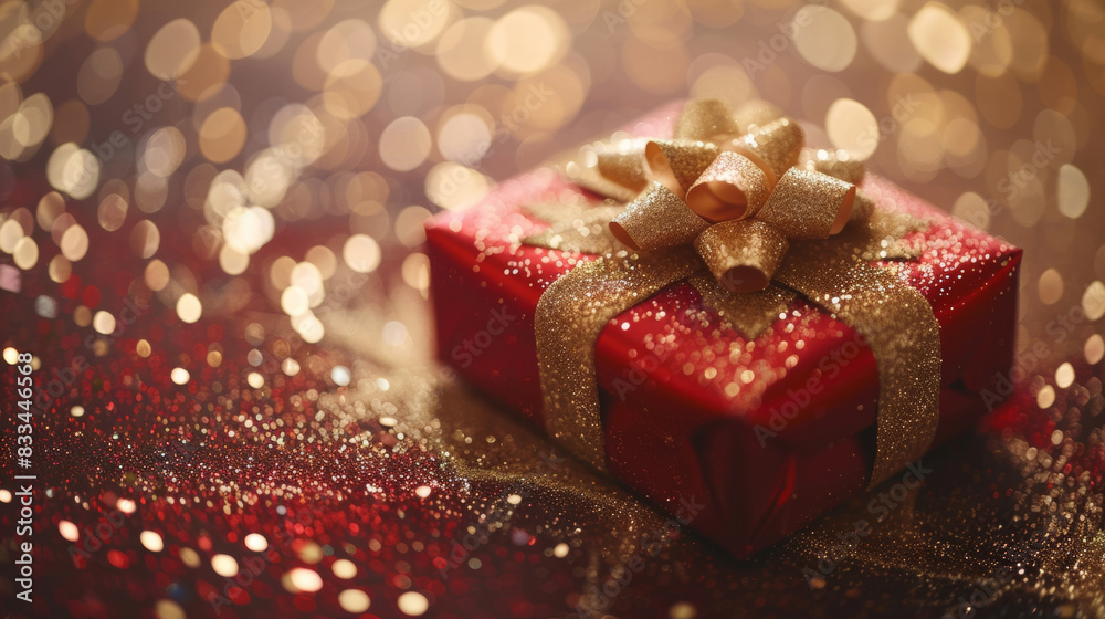 red gift box wrapped in paper with golden glitter in the background, golden ribbons red gift box wrapped in paper with golden glitter in the background, golden ribbons
