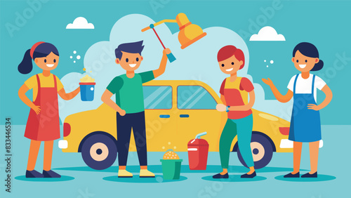 The young volunteers joyfully scrub away at cars knowing their efforts will make a difference in their church community.. Vector illustration
