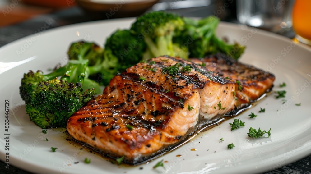Grilled salmon with a side of steamed broccoli Grilled salmon with a side of steamed broccoli