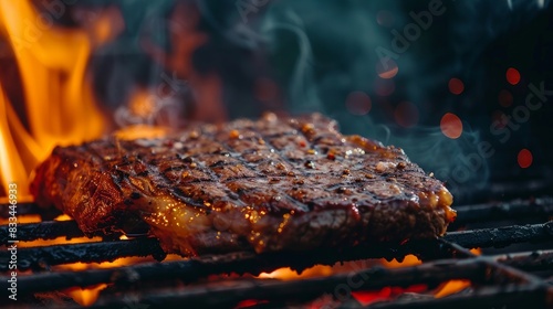 Savor the sizzle with this image of a juicy grilled meat steak cooking on a flaming stainless grill, set against a dark background