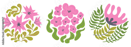 Set of groovy organic floral shape. Bloom pink flower in trendy naive retro hippie 60s 70s style. Floral poster