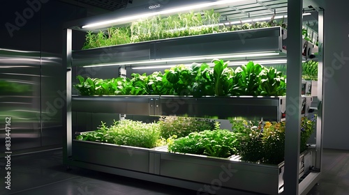 Imagine a smart greenhouse with vertical farming systems, LED lighting, and AI-controlled climate management for optimal plant growth photo