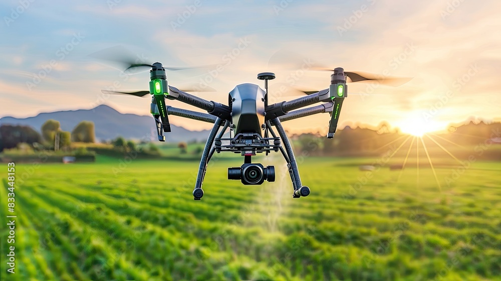 a smart farm drone spraying over a lush green field, exemplifying modern technologies in agriculture. a smart farm drone spraying over a lush green field, exemplifying modern technologies in agriculture.
