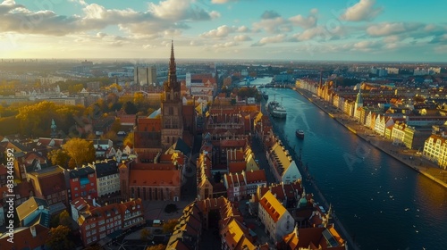 Gdansk, Poland,Europe. Beautiful panoramic aerial photo from drone to old city Gdansk, Motlawa river and Gothic St Mary church, city hall tower, the oldest medieval port crane (Zuraw) and old houses  photo