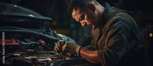 professional mechanic, worker working repair leaning under a vehicle in a garage, Auto car repair service center. Mechanic examining car suspension, Generative AI © khwanchai