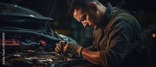 professional mechanic, worker working repair leaning under a vehicle in a garage, Auto car repair service center. Mechanic examining car suspension, Generative AI