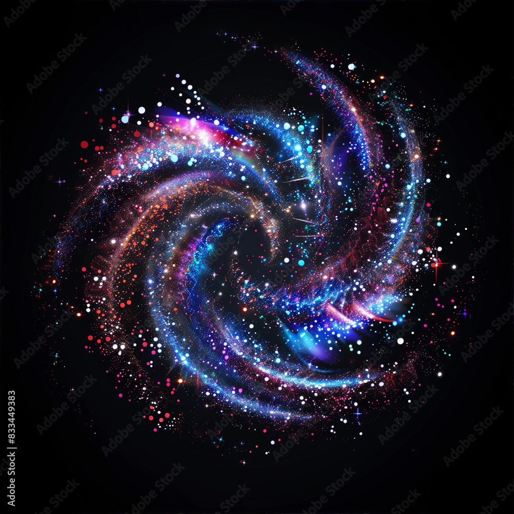 Fototapeta premium Glitter Colorful Magic Swirl Clipart on Black Background. Suitable for cosmetic, holiday or scientific space design projects.