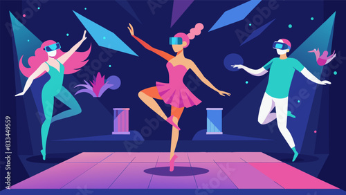 In the virtual dance studio technology brings to life the dancers wildest imaginations resulting in a fantastical display of movement and art.. Vector illustration