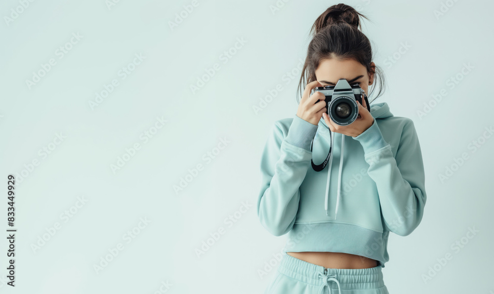 Portrait of a Creative Young Woman Holding Camera. A young woman in light-colored sports clothes, photographing with a camera, isolated on a white background with ample copy space. Portrait of a Creative Young Woman Holding Camera. A young woman in light-colored sports clothes, photographing with a camera, isolated on a white background with ample copy space.