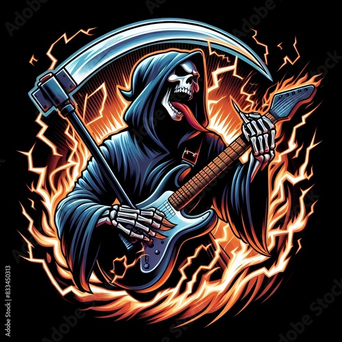 Rocking Reaper  Skeleton Guitarist with Electric Flames