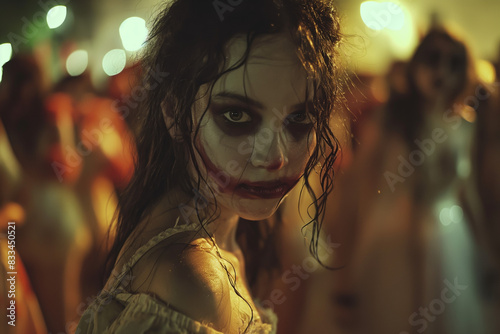 A creepy female zombie with blood on her face and a sinister smile. photo