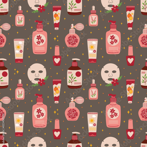 Skincare Products and Cosmetics on Taupe Seamless Pattern Design