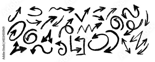 Charcoal arrows vector icons set. Hand drawn freehand different curved lines, swirls arrows. Doodle marker drawing, black chalk smears. Direction pointers. Scribbles and scrawls.