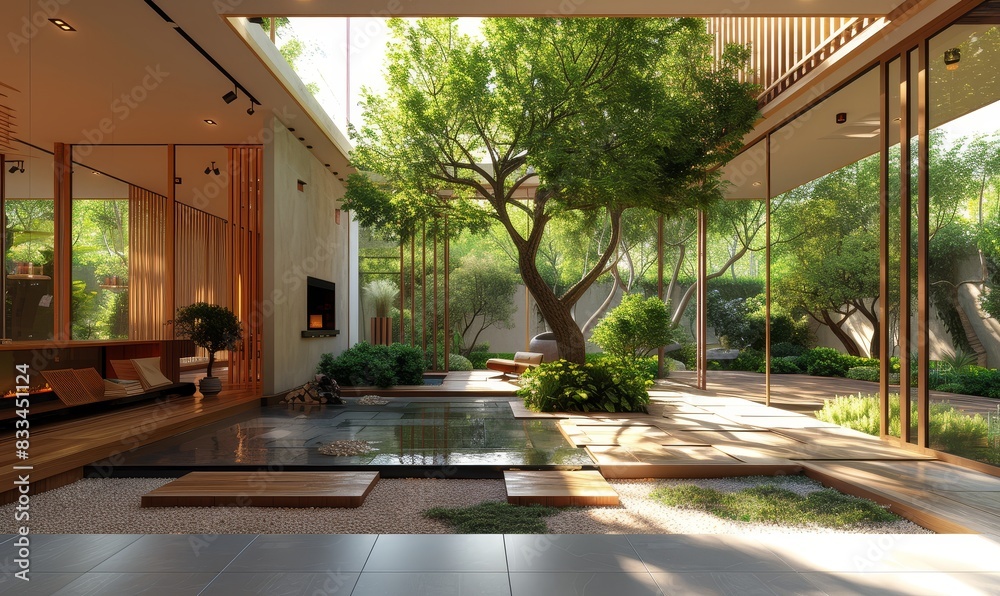 Modern minimalistic house, designed with an open concept, incorporating a vibrant green tree Modern minimalistic house, designed with an open concept, incorporating a vibrant green tree