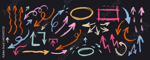 Group of chalked arrows and frames. Hand drawn black charcoal symbols for hand drawn diagrams. Vector doodle marker drawing. Freehand different curved arrows, swirls, crosses, circles and check marks.