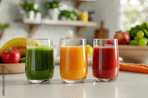 Healthy fresh juice in a glass with whole fruits and vegetables in the background.. Natural detox with antioxidant rich juice blends.	
