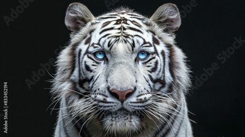 Majestic white tiger face with blue eyes on a mysterious black background in the wild jungle