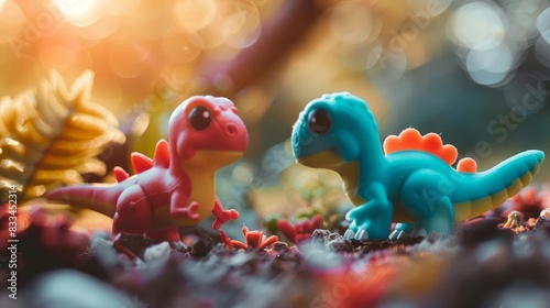 Cute dinosaurs in a colorful prehistoric landscape, Fujifilm XT3, soft focus, 55mm lens, f29, Cinematic 32k, nice background stock photo style. photo