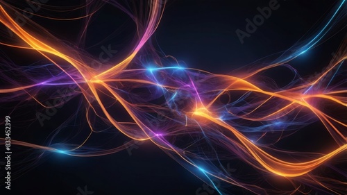 Waves of blue, orange and purple neon lights on a dark background